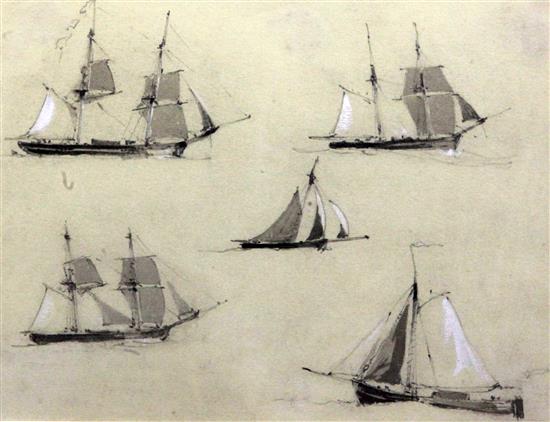 Richard Henry Nibbs (1816-1893) Looking towards Dolphin Hard, New Shoreham, Sussex and Study of fishing boats and luggers, 5 x 9in. & 7